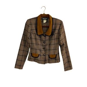 Vintage Brioche California Plaid Jacket‎ Blazer Suede Trim Sz 9/10 Dark Academia